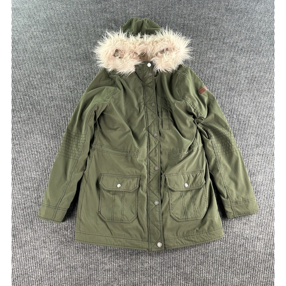 Hollister Jacket Women L Green Canvas Babydoll Fleece Lined Pink Faux Fur Hood